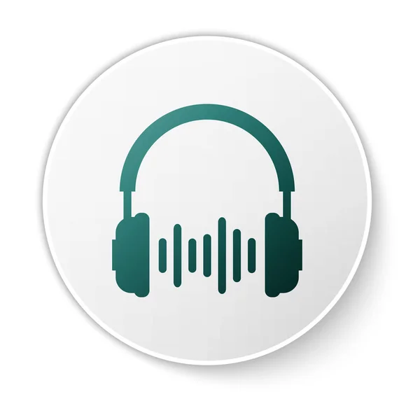 Headphone verde e ondas de som ícone no fundo branco. Sinal de fone de ouvido. Objeto conceitual para ouvir música, serviço, comunicação e operador. Botão de círculo verde. Ilustração vetorial — Vetor de Stock