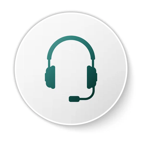 흰색 배경에 마이크 아이콘이 있는 녹색 헤드폰입니다. 이어폰 사인. 음악, 서비스, 통신 및 운영자를 청취하기위한 개념 객체. 녹색 원 버튼입니다. 벡터 일러스트레이션 — 스톡 벡터