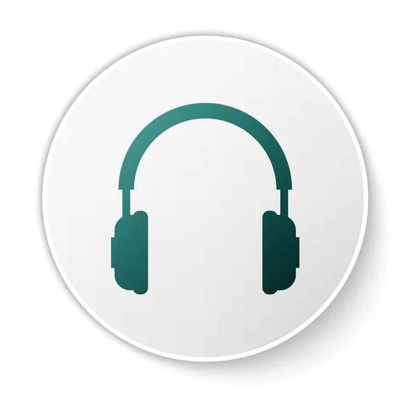 Icono de auriculares verdes aislado sobre fondo blanco. Signo de auriculares. Objeto conceptual para escuchar música, servicio, comunicación y operador. Botón círculo verde. Ilustración vectorial — Archivo Imágenes Vectoriales