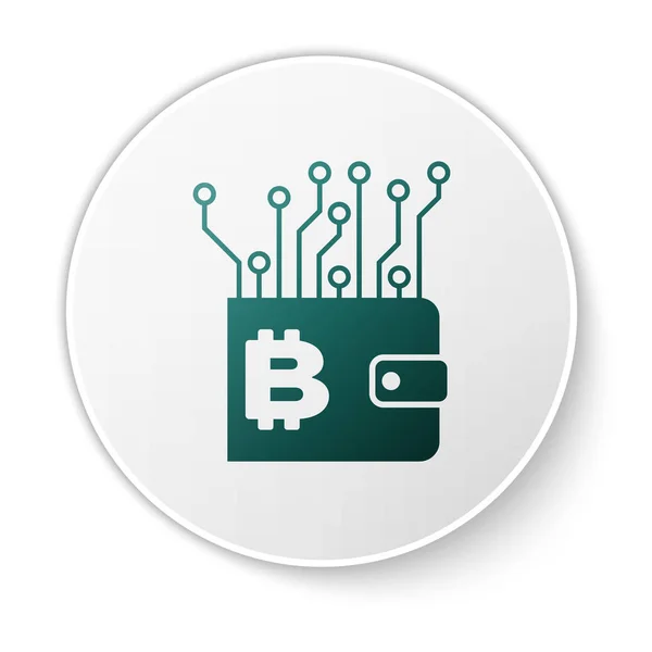 Ícone carteira Criptomoeda verde isolado no fundo branco. Carteira e sinal de bitcoin. Conceito de mineração. Dinheiro, pagamento, dinheiro, ícone de pagamento. Botão de círculo branco. Ilustração vetorial —  Vetores de Stock