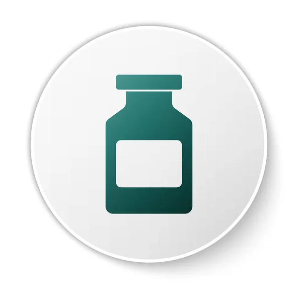Zielona medycyna ikona butelki na białym tle. Znak pigułki butelki. Projektowanie farmacji. Przycisk biały okrąg. Ilustracja wektorowa — Wektor stockowy