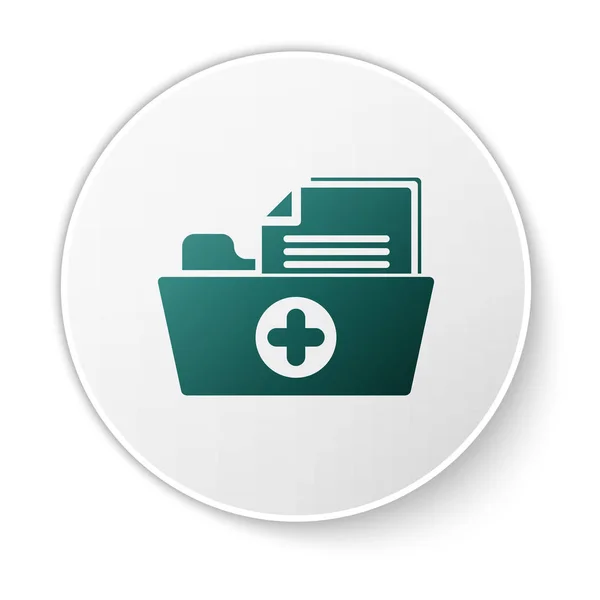 Πράσινο φάκελο ιατρικό υγειονομικό αρχείο για το εικονίδιο υγειονομικής περίθαλψης απομονώνεται σε λευκό φόντο. Εικονίδιο φακέλου ασθενούς. Το σύμβολο του ιατρικού ιστορικού. Κουμπί λευκού κύκλου. Απεικόνιση διανυσματικών φορέων — Διανυσματικό Αρχείο