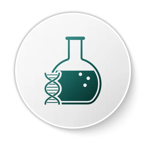 Groen DNA-onderzoek, zoek icoon geïsoleerd op witte achtergrond. Genetische manipulatie, genetica testen, klonen, vaderschaps testen. Witte cirkel knop. Vector illustratie — Stockvector