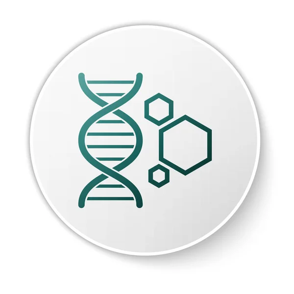 Green Genetic engineering icon isolated on white background. DNA analysis, genetics testing, cloning, paternity testing. White circle button. Vector Illustration — Stock Vector