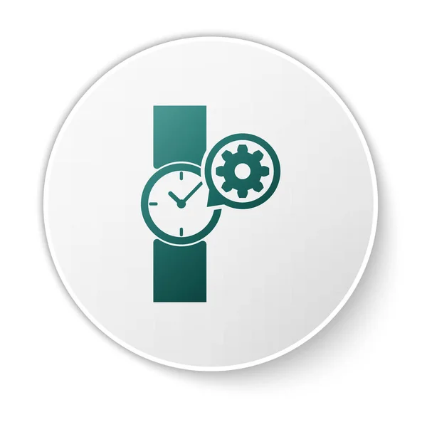 Reloj de muñeca verde e icono de engranaje aislado sobre fondo blanco. Ajustar la aplicación, concepto de servicio, opciones de configuración, mantenimiento, reparación, fijación. Botón círculo blanco. Ilustración vectorial — Vector de stock