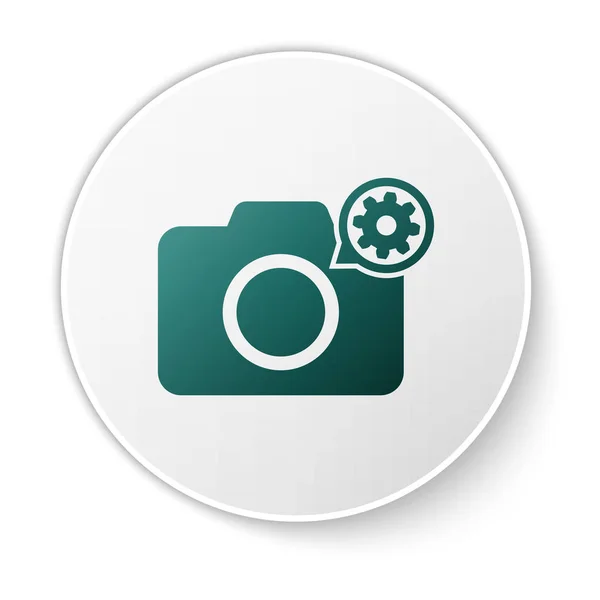 Zöld fénykép fényképezőgép és bekapcsol ikon elszigetelt-ra fehér háttér. Beállítása app, szolgáltatás koncepció, beállítási lehetőség, karbantartás, javítás, rögzítés. Fehér kör gomb. Vektoros illusztráció — Stock Vector