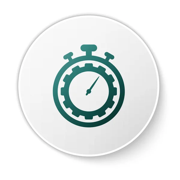 Ícone de gerenciamento de tempo verde isolado no fundo branco. Relógio e sinal de marcha. Símbolo de produtividade. Botão de círculo branco. Ilustração vetorial —  Vetores de Stock
