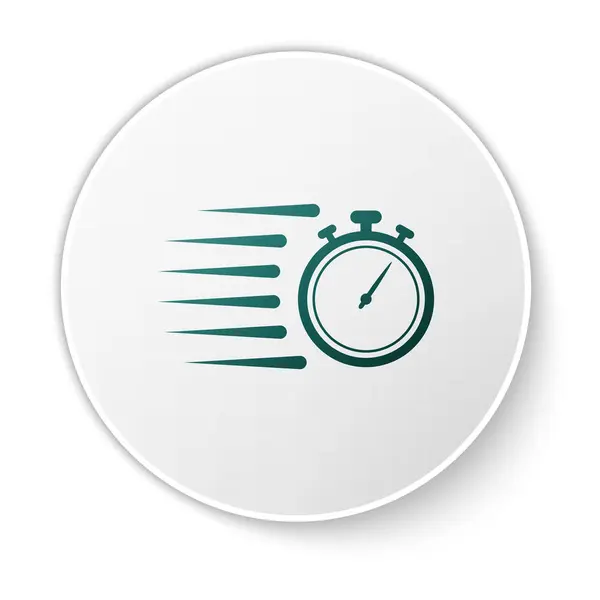 Icono de cronómetro verde aislado sobre fondo blanco. Signo del temporizador. Signo de cronómetro. Botón círculo blanco. Ilustración vectorial — Vector de stock