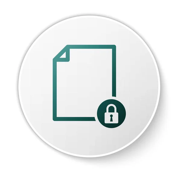Green Document and lock icon isolated on white background. File format and padlock. Security, safety, protection concept. White circle button. Vector Illustration