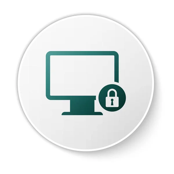 绿色锁定在白色背景上隔离的计算机监视器屏幕图标。监视器和挂锁。安全、安全、保护理念。安全的互联网工作。白色圆圈按钮。矢量插图 — 图库矢量图片