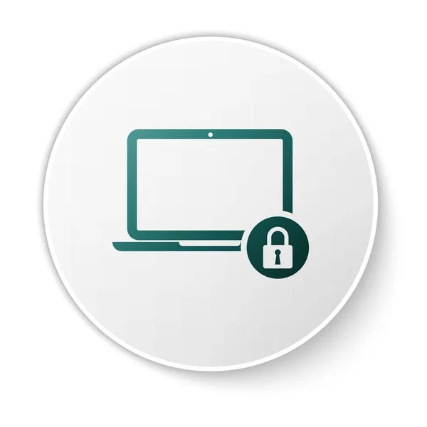 绿色笔记本电脑和锁定图标隔离在白色背景上。电脑和挂锁。安全、安全、保护理念。安全的互联网工作。白色圆圈按钮。矢量插图 — 图库矢量图片
