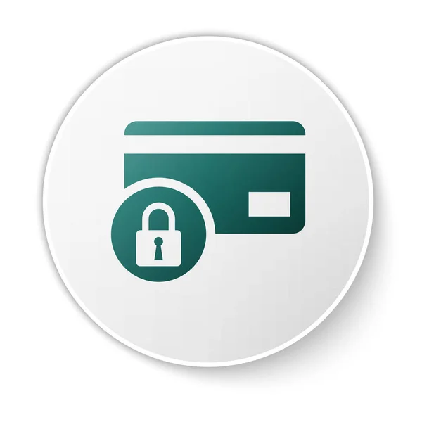 绿色信用卡，锁图标隔离在白色背景上。锁的银行卡。安全、安全、保护理念。安全付款的概念。白色圆圈按钮。矢量插图 — 图库矢量图片