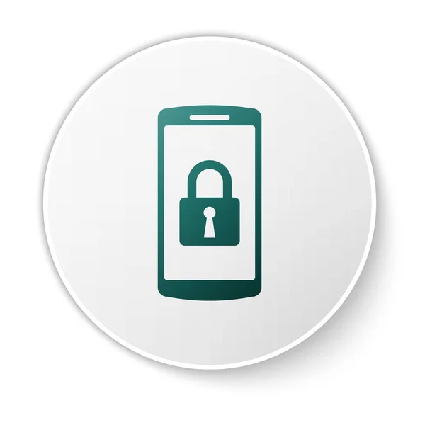 Grön smartphone med stängt hänglåsikonen isolerad på vit bakgrund. Telefon med lås. Mobil säkerhet, säkerhet, skyddskoncept. Vit cirkel knapp. Vektor illustration — Stock vektor