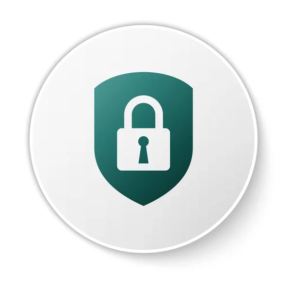 绿色护盾安全与锁图标隔离在白色背景。保护、安全、密码安全。防火墙访问隐私标志。白色圆圈按钮。矢量插图 — 图库矢量图片