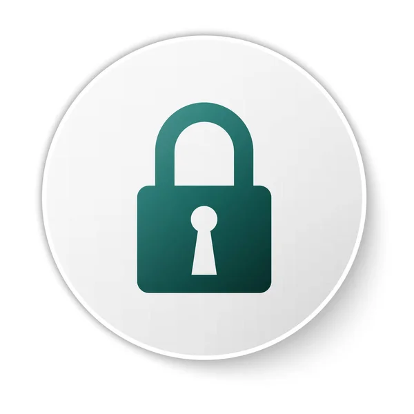 Το εικονίδιο πράσινου κλειδώματος απομονώνεται σε λευκό φόντο. Κλειστή πινακίδα με λουκέτο. Ιδέα της κυβερνοασφάλειας. Ψηφιακή προστασία δεδομένων. Ασφάλεια ασφαλείας. Κουμπί λευκού κύκλου. Απεικόνιση διανυσματικών φορέων — Διανυσματικό Αρχείο