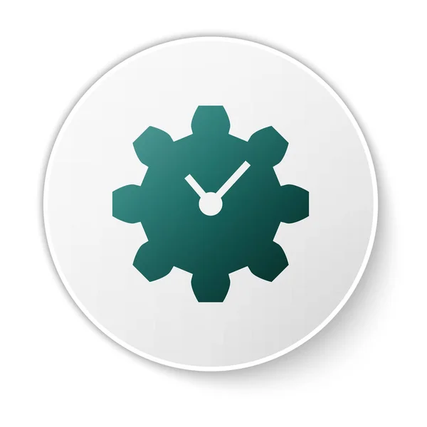 Иконка Green Time Management выделена на белом фоне. Вывеска с часами и передачами. Символ продуктивности. Кнопка белого круга. Векторная миграция — стоковый вектор