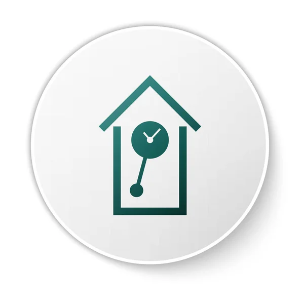 Icono de reloj de pared retro verde aislado sobre fondo blanco. Signo del reloj de cuco. Reloj de péndulo antiguo. Botón círculo blanco. Ilustración vectorial — Archivo Imágenes Vectoriales