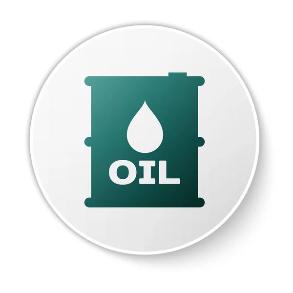 Icono de barril de petróleo verde aislado sobre fondo blanco. Recipiente de tambor. Para infografías, combustible, industria, energía, ecología. Botón círculo blanco. Ilustración vectorial — Vector de stock