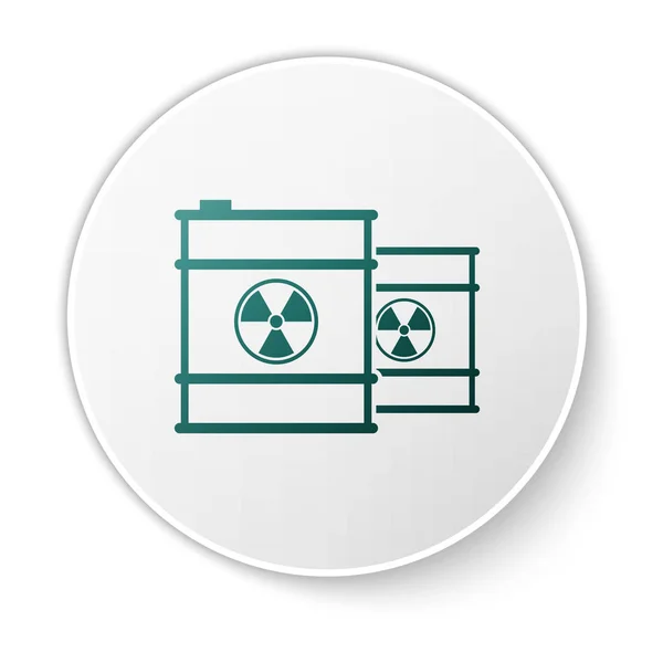 Green Radioactive waste in barrel line icon isolated on white background. Toxic refuse keg. Radioactive garbage emissions, environmental pollution. White circle button. Vector Illustration — Stock Vector