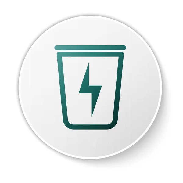 Green Lightning with trash can icon isolated on white background. Waste to energy. Garbage bin sign. Recycle basket sign. White circle button. Vector Illustration — Stock Vector