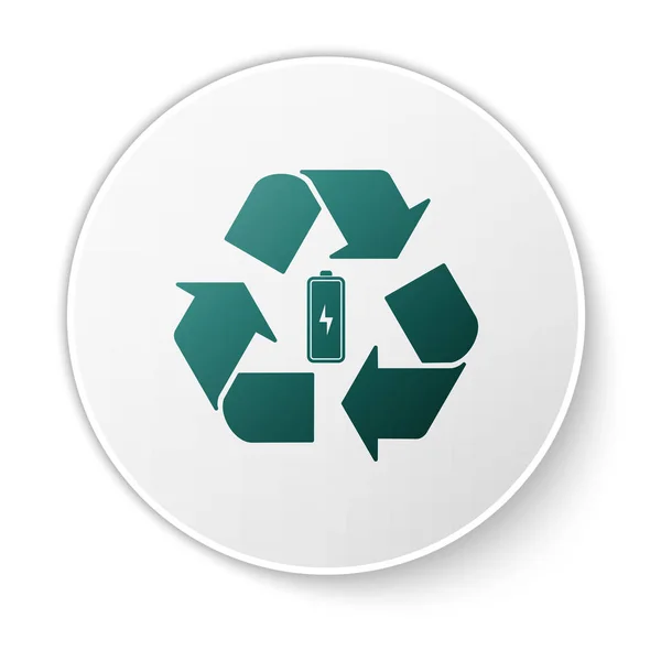 Groene batterij met recycle symbool lijn pictogram geïsoleerd op witte achtergrond. Batterij met recycling symbool-hernieuwbare energieconcept. Witte cirkel knop. Vector illustratie — Stockvector