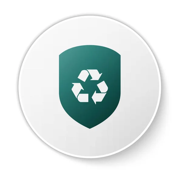 Símbolo de reciclagem verde dentro do ícone do escudo isolado no fundo branco. Sinal de protecção ecológica. Botão de círculo branco. Ilustração vetorial — Vetor de Stock