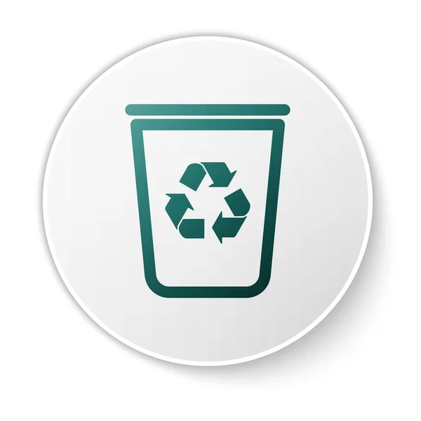 Groene Prullenbak met pictogram recycle symbool geïsoleerd op witte achtergrond. Prullenbakpictogram. Vuilnis bin teken. Recycle mand teken. Witte cirkel knop. Vector illustratie — Stockvector