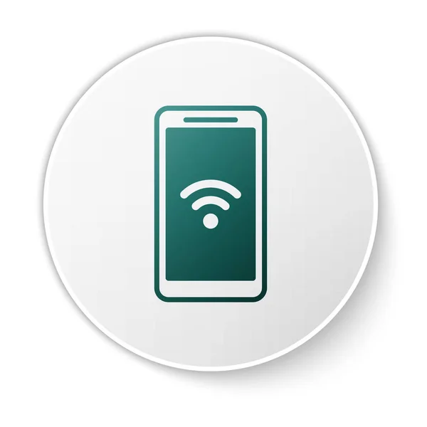 흰색 배경에 격리 된 무료 Wi-Fi 무선 연결 아이콘이있는 녹색 스마트 폰. 무선 기술, Wi-Fi 연결, 무선 네트워크. 흰색 원 버튼. 벡터 일러스트레이션 — 스톡 벡터