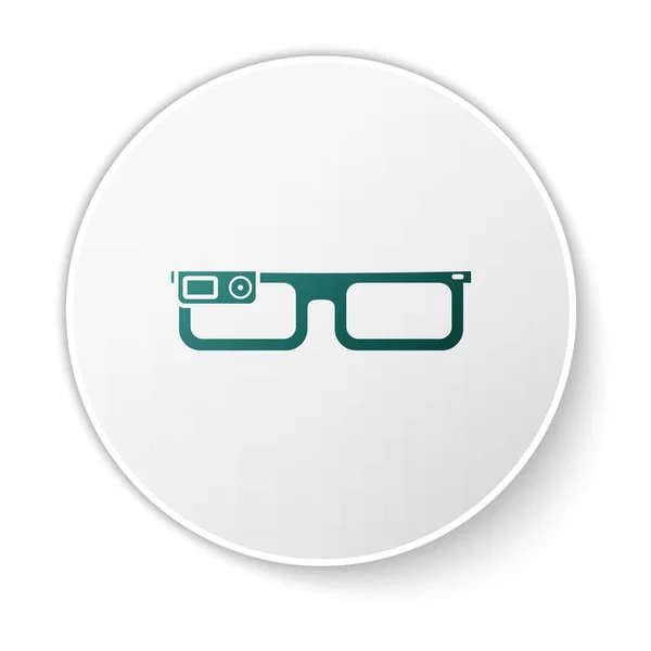 白い背景に隔離された眼鏡アイコンに取り付けられた緑のスマートメガネ。カメラとディスプレイを備えたウェアラブルエレクトロニクススマートメガネ。白い円のボタン。ベクトルイラストレーション — ストックベクタ