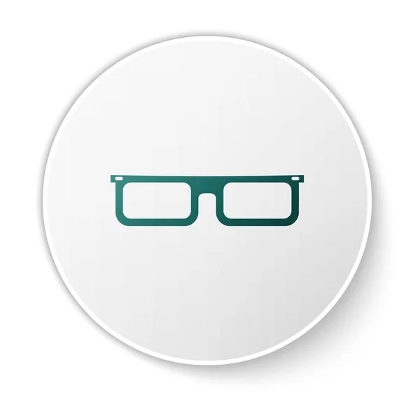 Yeşil Gözlük simgesi beyaz arka plan üzerinde izole. Gözlük çerçeve sembolü. Beyaz daire düğmesi. Vektör İllüstrasyonu — Stok Vektör