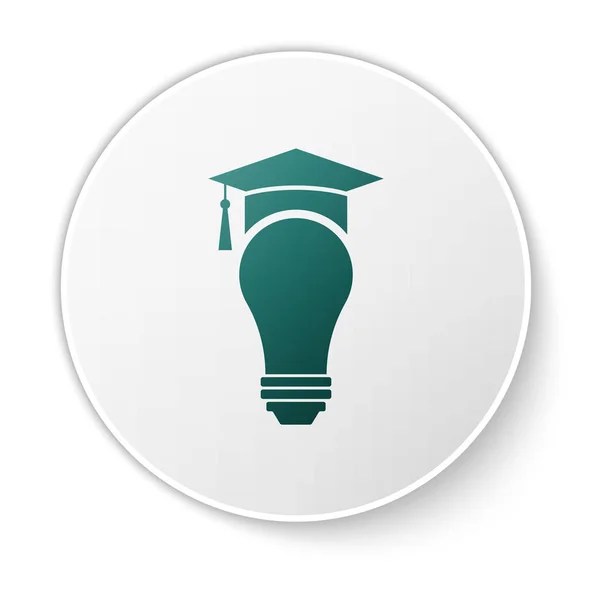 Πράσινο λαμπτήρα και καπάκι αποφοίτησης εικονίδιο απομονώνεται σε λευκό φόντο. Πανεπιστημιακή εκπαίδευση. Κουμπί λευκού κύκλου. Απεικόνιση διανυσματικών φορέων — Διανυσματικό Αρχείο
