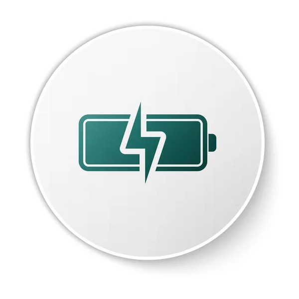 Green Battery icon isolated on white background. Lightning bolt symbol. White circle button. Vector Illustration — Stock Vector