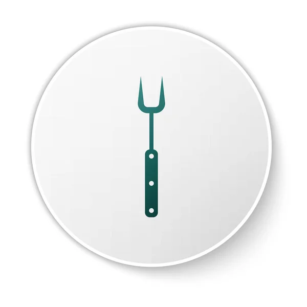 Ícone de garfo de churrasco verde isolado no fundo branco. Sinal de garfo para churrasco. Churrasco e grelhador ferramenta. Botão de círculo branco. Ilustração vetorial —  Vetores de Stock