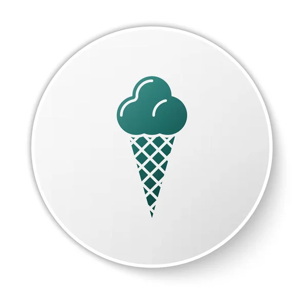 Zielone lody w ikonie wafle stożek na białym tle. Słodki symbol. Przycisk biały okrąg. Ilustracja wektorowa — Wektor stockowy