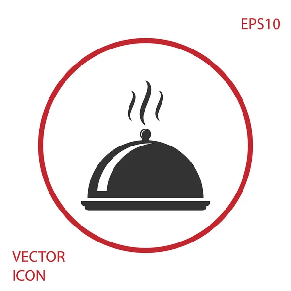 Gri beyaz arka plan üzerinde izole gıda simgesi bir tepsi ile kaplı. Tepsi ve kapak işareti. Kapaklı restoran cloche. mutfak sembolü. Kırmızı daire düğmesi. Vektör İllüstrasyonu