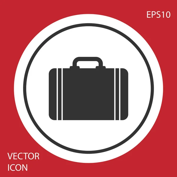 Grauer Koffer für Reisesymbol isoliert auf rotem Hintergrund. Reisegepäckzeichen. Reisegepäcksymbol. Kreis-Taste. Vektorillustration — Stockvektor