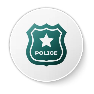 Yeşil Polis rozeti simgesi beyaz arka planda izole. Şerif rozeti işareti. Beyaz daire düğmesi. Vektör İllüstrasyonu