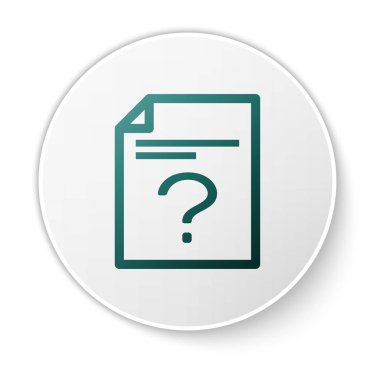 Yeşil Bilinmeyen belge simgesi beyaz arka planda yalıtılmış. Soru işareti içeren dosya. Raporu, hizmeti ve genel arama işaretini tutun. Beyaz daire düğmesi. Vektör İllüstrasyonu