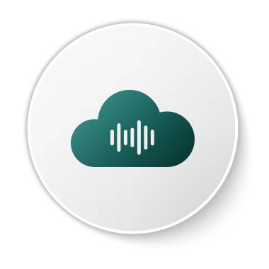 Yeşil Müzik akış hizmeti simgesi beyaz arka planda yalıtılmış. Ses bulut bilgi işlem, online medya akışı, online şarkı, ses dalgası. Beyaz daire düğmesi. Vektör İllüstrasyonu