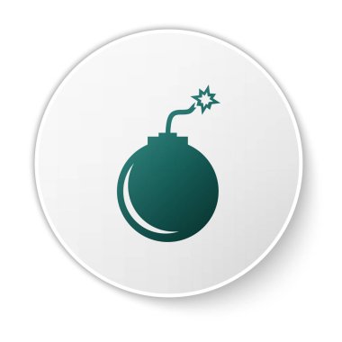 Yeşil Bomba beyaz arka plan üzerinde izole simgesi patlamaya hazır. Beyaz daire düğmesi. Vektör İllüstrasyonu