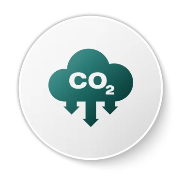 Beyaz arka planda izole edilmiş bulut simgesindeki Yeşil Co2 emisyonları. Karbondioksit formülü sembolü, sis kirliliği kavramı, çevre kavramı. Beyaz daire düğmesi. Vektör İllüstrasyonu