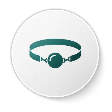 Beyaz arka planda izole deri kemer simgesi ile yeşil silikon top gag. Fetiş aksesuarı. Erkek ve kadın için seks oyuncağı. Beyaz daire düğmesi. Vektör Illustration