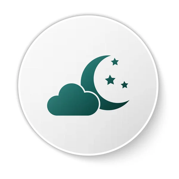 白い背景に隔離された月と星のアイコンを持つ緑の雲。曇りの夜の兆候。睡眠の夢のシンボル。夜または就寝の時間サイン。白い円のボタン。ベクトルイラストレーション — ストックベクタ