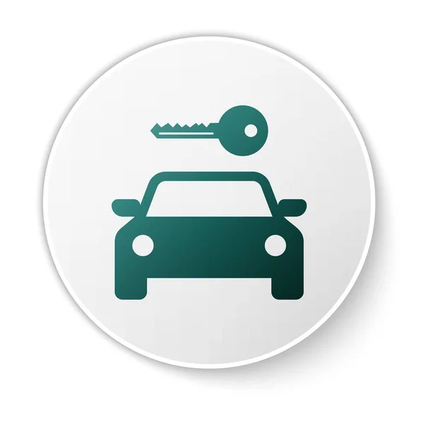 Zöld autó bérleti ikon izolált fehér háttér. Béreljen egy autó jelet. Kulcs-val autó. Koncepció az autó javítási szolgáltatások, alkatrészraktár. Fehér kör gomb. Vektoros illusztráció — Stock Vector