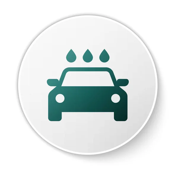 Zöld autómosó ikon elszigetelt fehér háttér. Autómosó szolgáltatás és vízfelhő ikonra. Fehér kör gomb. Vektoros illusztráció — Stock Vector
