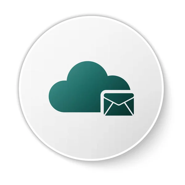 Green Cloud Mail Server-ikonen isolerad på vit bakgrund. Cloud Server Hosting för e-post. Online meddelandetjänst. Brev låde tecken. Vit cirkel knapp. Vektor illustration — Stock vektor