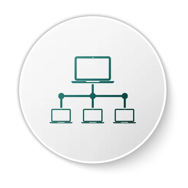 Groene computernetwerk pictogram geïsoleerd op witte achtergrond. Laptop netwerk. Internetverbinding. Witte cirkel knop. Vector illustratie — Stockvector