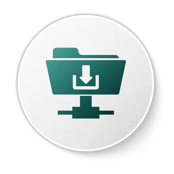 Dossier FTP vert icône de téléchargement sur fond blanc. Concept de mise à jour logicielle, protocole de transfert, routeur, gestion des outils de travail d'équipe, processus de copie. Bouton rond blanc. Illustration vectorielle — Image vectorielle