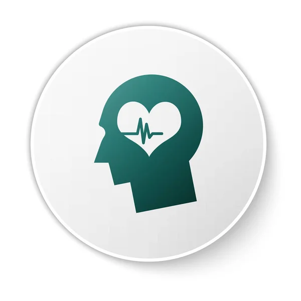 Cabeza masculina verde con un icono de latido del corazón aislado sobre fondo blanco. Cabeza con salud mental, atención médica y signo médico. Botón círculo blanco. Ilustración vectorial — Archivo Imágenes Vectoriales