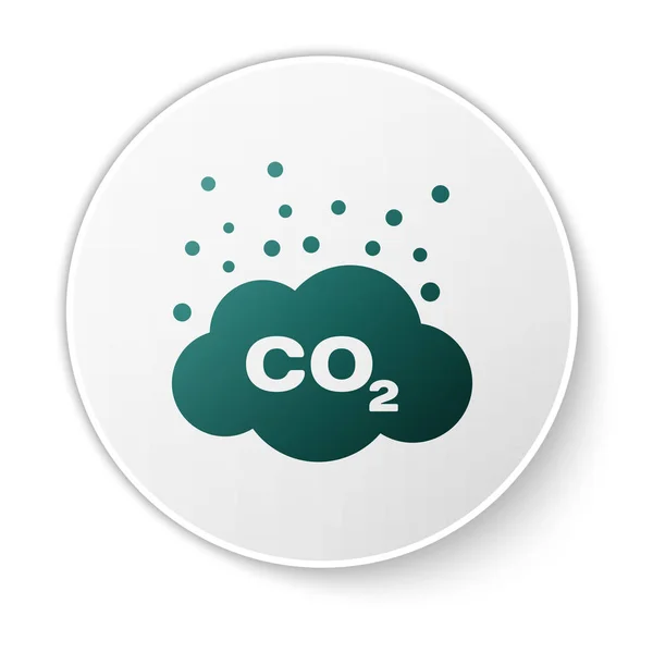 Green CO2 emissions in cloud icon isolated on white background. Carbon dioxide formula symbol, smog pollution concept, environment concept. White circle button. Vector Illustration — Stock Vector